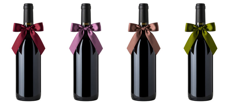 Set of wine bottles with colorful bows on a transparent background
