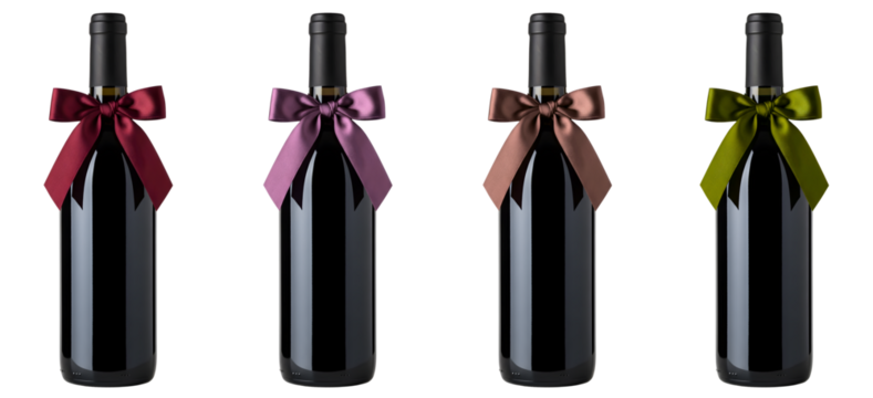 Set of wine bottles with colorful bows on a transparent background
 - Powered by Adobe
