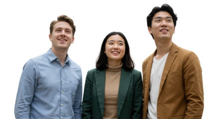 Diverse young adults, early 20s, smart casual, smiling optimistically in modern workspace with soft bokeh and copy space, collaborative vision and future growth concept