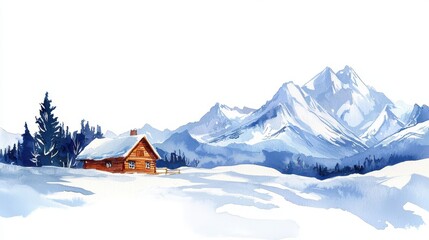 Serene winter landscape featuring cozy wooden cabin surrounded by snow covered mountains and evergreen trees, evoking sense of tranquility