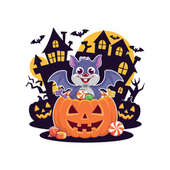 Cute Cartoon Bat Inside Pumpkin with Candy and Haunted House, Halloween Illustration