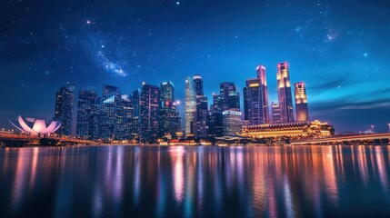 Fototapeta premium Singapore skyline at night under a starry sky.