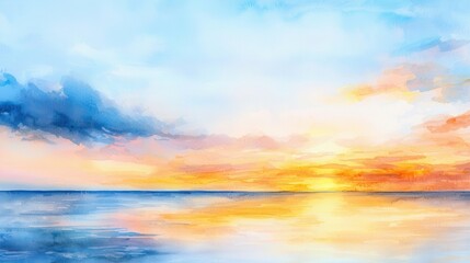 serene watercolor painting depicting tranquil sunset over calm ocean, showcasing vibrant hues of orange, pink, and blue.