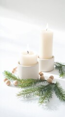 Scandinavian Christmas candles in ceramic holders with pine sprigs and wooden beads, isolated on white background.