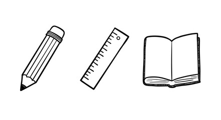 Naklejka premium Doodle style hand-drawn school supplies including pencil, ruler, and notebook on white background