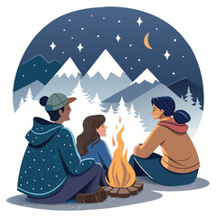 Joyful friends sharing stories around a warm campfire under a starry night sky with majestic snow-capped mountains.