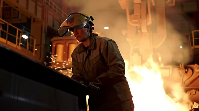 A worker in a steel factory wearing protective gear, observing the intense heat and sparks.