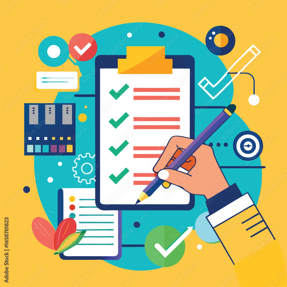 Poster completing tasks concept illustration with hand checking clipboard and checklist items against color