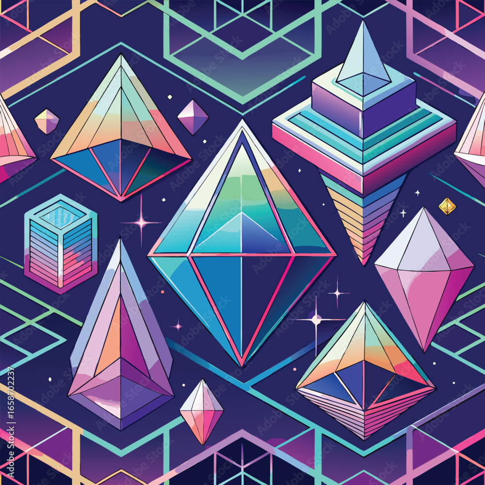 Poster geometric crystal shapes and abstract lines in a seamless pattern with vibrant neon color elements a