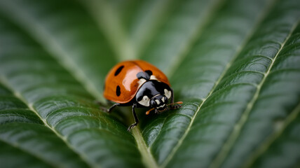 Close up of a bright orange ladybug with black spots resting on a vibrant green leaf