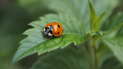 Fototapeta premium Close up macro photograph of a vibrant orange ladybug resting on a green leaf