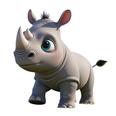 Fototapeta premium 3d Adorable cartoon baby rhinoceros with big green eyes and small horn standing proudly transparent background