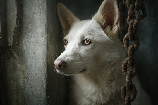 Caged white dog looking out from behind a rusty chain in an abandoned structure, conveying a sense of longing and isolation in a dimly lit environment - Powered by Adobe