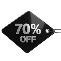 Seventy percent off displayed on a black diamond shaped tag