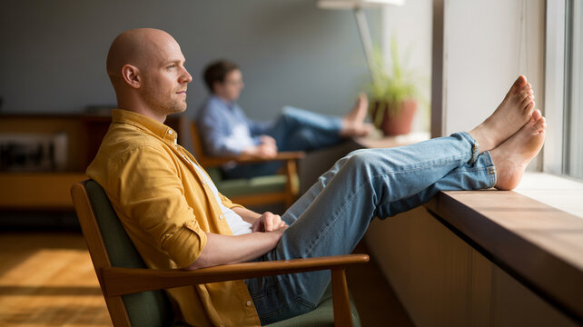 Man relaxes with feet up by the window contemplating life indoors