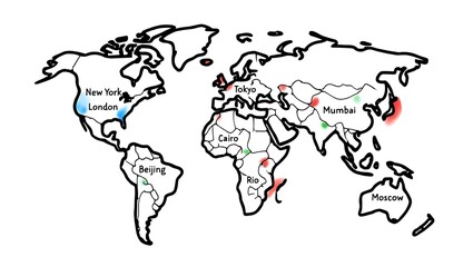 Hand drawn world map with highlighted regions and country names