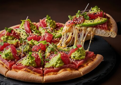 Gourmet pizza with fresh tuna, avocado, sesame, and sprouts, modern sushi-inspired pizza