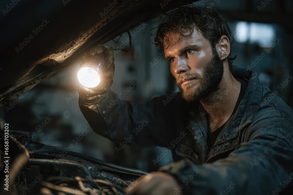 Poster mechanic inspects engine with lamp in dimly lit workshop during evening hours