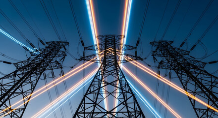 Electric power transmission towers with light trails at night creating a futuristic energy flow
