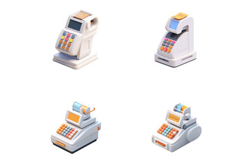 This flat vector icon set illustrates a computer network with cars, a car wash machine, and a laptop against a white background