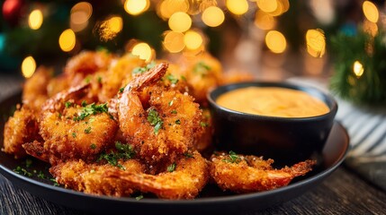 Crispy fried shrimp with parsley, spicy dipping sauce, and festive lights