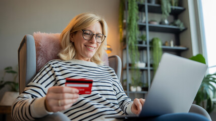 Smiling woman with credit card shops online on laptop while relaxing in a chair