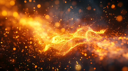 Fototapeta premium Abstract fiery energy stream with particles against a dark background. Glowing orange and yellow colors.