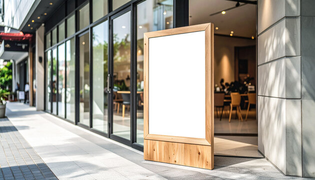 Blank wooden framed board outside modern caf&eacute;