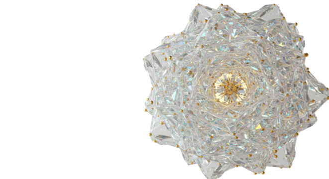 A complex 3D abstract digital form, translucent glowing lines, iridescent gradients, suggesting a data network, minimalist high-key background with copy space, concept of future technology innovation