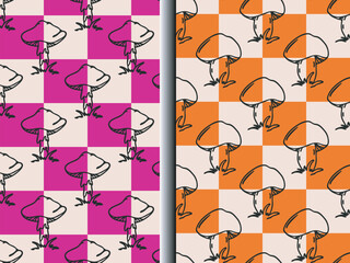 Checkerboard background repeat pattern set of 2. Hand drawn autumn mushroom symbol, black ink blob brush line doodle sketch style, Halloween holiday party concept. Cute vector illustration