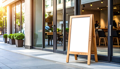 Blank wooden framed board outside modern café
