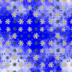 Colorful snowflake pattern on blue abstract background  