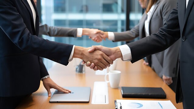 Business people shaking hands across a conference table in a modern office setting