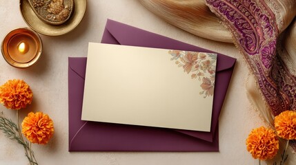 Elegant stationery with flowers, envelopes, and a candle on a textured surface.