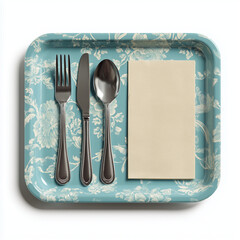 Cafeteria meal setting with a patterned tray and utensils ready for lunchtime enjoyment