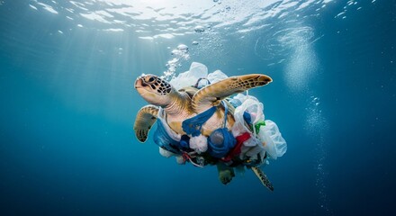 Obraz premium Sea turtle entangled in plastic pollution struggles to swim, highlighting urgent environmental crisis impacting marine life Plastic pollution