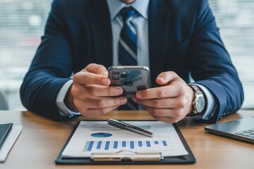 Businessman using smartphone at desk with financial report