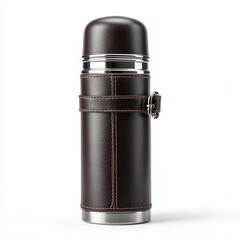 Insulated leather-bound thermos with metal accents ideal for outdoor adventures and daily hydration
