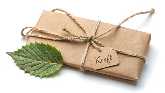 Kraft Paper Gift Tag with Leaf Imprint and Twine Bow white background.