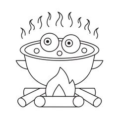 Cartoon Pot of Bubbling Stew Cooking Over a Campfire with Googly Eyes and Flames vector illustration