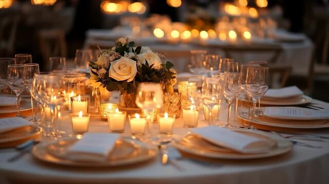Romantic candlelit dinner table.