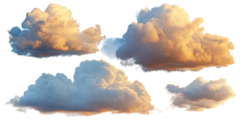 Clouds in warm sunset hues.  Detailed view of multiple cumulus clouds with highlighted edges against a black background. 