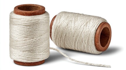 Two spools of light beige thread on a white background.
