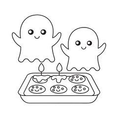 Two friendly ghost characters hover above a baking tray filled with cookies and lit candles halloween