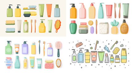 Set of colorful storage boxes and shelving units in flat vector style. Organized home interior illustration showing neat arrangement of containers for warehouse, office, or household use.