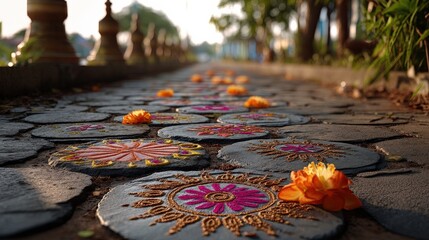 Decorative pathway with flowers and intricate designs on stones.