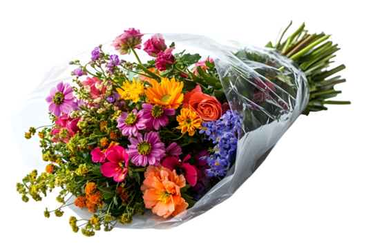 Colorful mixed flower bouquet wrapped in white paper isolated on transparent background
