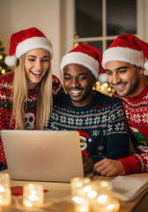 Three cheerful friends are wearing christmas sweaters and santa hats while watching something funny on a laptop