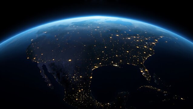 View of earth at night with city lights visible over north america