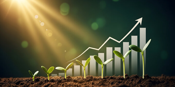Young plants growing upward alongside a financial growth chart under sunlight